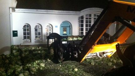 Des agriculteurs d&eacute;versent des choux-fleurs &agrave; Plabennec (Finist&egrave;re), le 30 octobre 2013 pour protester contre l'&eacute;cotaxe.&nbsp; (FRANCE 3 BRETAGNE / FRANCETV INFO)