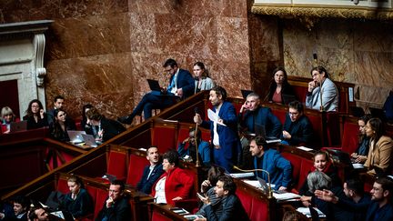 Le député LFI Thomas Portes réagit à une bronca à son encontre dans l'hémicycle de l'Assemblée nationale, le 10 février 2023. (AMAURY CORNU / HANS LUCAS / AFP)