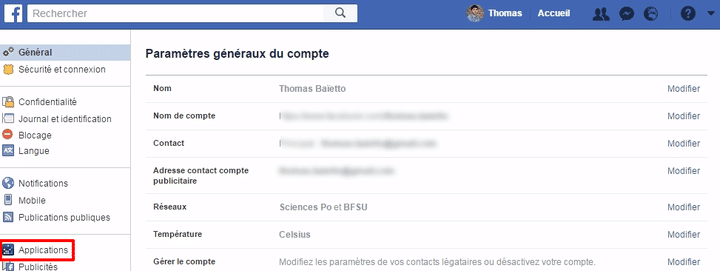 Il faut ensuite choisir les applications dans la colonne de gauche. (FACEBOOK.COM)