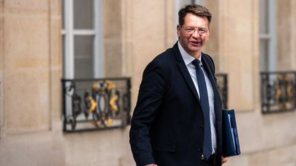 Le ministre des Transports, Patrice Vergriete, dans la cour de l'Elysée, à Paris, le 17 avril 2024. (ANDREA SAVORANI NERI/NURPHOTO/AFP)