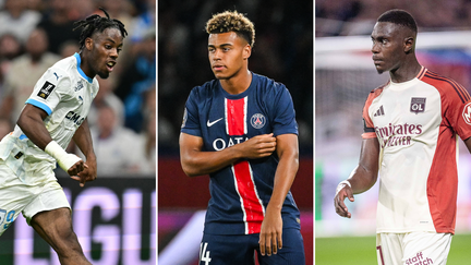 Elye Wahi (Olympique de Marseille), Désiré Doué (PSG), et Moussa Niakhaté (Olympique lyonnais), trois des transferts symboliques du mercato estival 2024 en Ligue 1. (AFP)