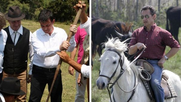 A gauche, Manuel Valls marque un taureau lors d'une visite en Camargue, le 13 juillet 2013. A droite, Nicolas Sarkozy visite un ranch aux Saintes-Maries-de-la-Mer, le 20 avril 2007, &agrave; deux jours du premier tour de l'&eacute;lection pr&eacute;sidentielle. (SIPA)