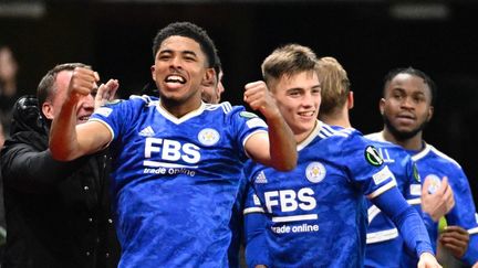 La joie de Wesley Fofana sur son but face à Rennes, en Ligue Europa Conférence, le 17 mars 2022. (DAMIEN MEYER / AFP)