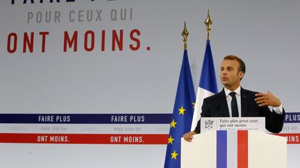 Le président français, Emmanuel Macron, lors de la présentation de son plan pauvreté, le 13 septembre 2018 au musée de l'Homme, à Paris.&nbsp; (MICHEL EULER / AFP)