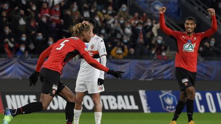 Warmed Omari a ouvert le score pour Rennes face à Lorient, le 18 décembre 2021, au Roazhon Park. (SEBASTIEN SALOM-GOMIS / AFP)