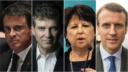 De gauche à droite : le Premier ministre Manuel Valls, l'ancien ministre du Redressement productif Arnaud Montebourg, la maire PS de Lille Martine Aubry et le ministre de l'Economie Emmanuel Macron. (AFP)