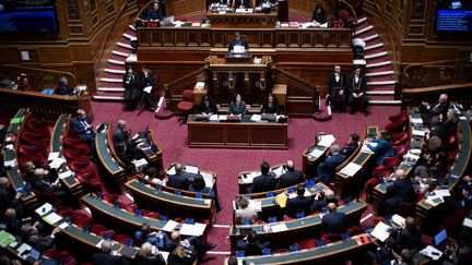 Le Sénat se prononce sur l'inscription de l'interruption volontaire de grossesse dans la Constitution, le 28 février 2024. (MATHILDE KACZKOWSKI / HANS LUCAS / AFP)