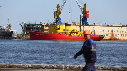 Le port commercial de Marioupol, en Ukraine,&nbsp;principale voie d'exportation du blé ukrainien, le 14 août 2018. La ville est aujourd'hui bombardée et assiégée par l'armée russe. (ALEKSEY FILIPPOV / AFP)