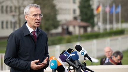 Le secrétaire général de l'Otan, Jens Stoltenberg, à Ramstein en Allemagne, le 21 avril 2023. (SEBASTIAN GOLLNOW / DPA / AFP)