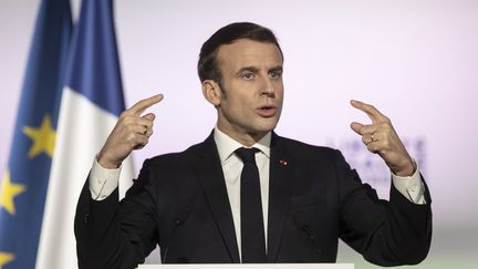 Emmanuel Macron lors d'un discours contre le "séparatisme islamiste", le 18 février 2020, à Mulhouse (Haut-Rhin). (JEAN-FRANCOIS BADIAS / AFP)