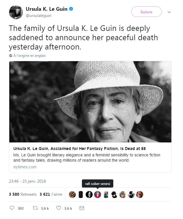 L'annonce du décès d'Ursula K. Le Guin sur son compte Tweeter par sa famille
 (DR)