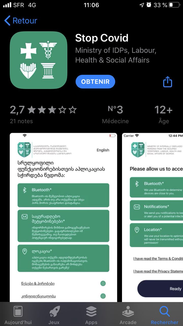 La fiche de l'application Stop Covid du ministère géorgien de la Santé dans l'AppStore d'Apple, le 30 avril 2020. (FRANCEINFO)