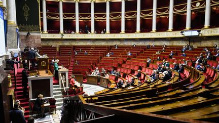 L'hémicycle de l'Assemblée nationale à Paris, le 18 janvier 2024. (MAGALI COHEN / HANS LUCAS / AFP)