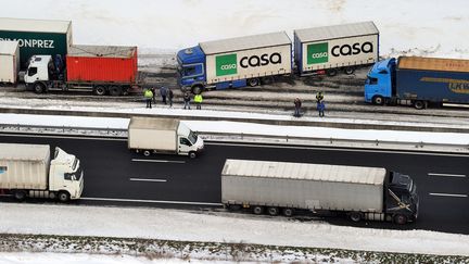 Des camions bloqu&eacute;s, le 13 mars 2013, sur l'autoroute A1, &agrave; hauteur de Roye (Somme).&nbsp; (PHILIPPE HUGUEN / AFP)