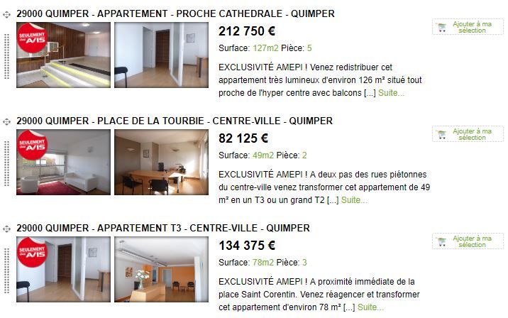 Capture d'écran au 21 novembre 2017 du site Avis Immobilier Quimper présentant les trois annonces de vente de l'ancienne permanence de Jean-Jacques Urvoas. (AVIS IMMOBILIER QUIMPER / FRANCEINFO)