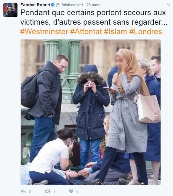 Des&nbsp;internautes ont pris pour cible une jeune femme sur les réseaux sociaux, après&nbsp;l'attaque à Londres, le 22 mars 2017. (TWITTER)