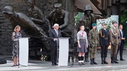 Le président allemand Frank-Walter Steinmeier s'exprime lors d'une visite à Varsovie (Pologne), le 31 juillet 2024, à la veille du 80e anniversaire de l'insurrection de Varsovie. (FRIEDEMANN KOHLER / DPA / AFP)