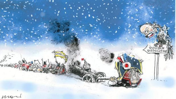 Dans le «Brisbane Times», le dessinateur Alan Moir ironise sur la «progression» de Malcolm Turnbull après les élections. (Alan Moir, dessin publié dans «Brisbane Times»)