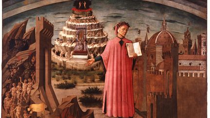 Le peintre Domenico Michelino a représenté en 1465 le&nbsp;poète italien Dante (1265-1321) tenant dans ses mains son ouvrage "La divine comédie" sur fond d'enfer, de purgatoire et de paradis. (DAVID LEES / THE CHRONICLE COLLECTION / GETTY)