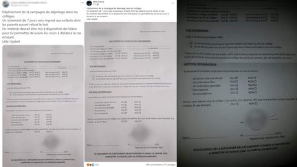 Plusieurs internautes ont relayé ce document qui indique qu'un collégien qui refuserait de se faire tester, devrait se confiner pendant sept jours. (CAPTURE ECRAN FACEBOOK ET TWITTER)