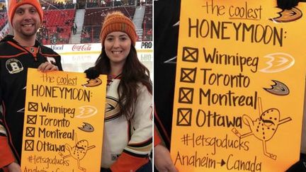 Andrew et Kaylin Gladd&nbsp;présentent leur voyage de noces sur les traces des Anaheim Ducks, l'équipe de hockety qu'ils soutiennent.
 (CAPTURE D'ECRAN TWITTER)