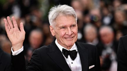 L'acteur américain Harrison Ford salue la foule et remet son chapeau d'aventurier pour raconter les nouvelles aventures d'Indiana Jones dans "Le cadran de la destinée" de James Mangold, présenté hors compétition au festival de Cannes jeudi 18 mai au soir. (LOIC VENANCE / AFP)