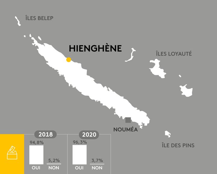 Une carte de la Nouvelle-Calédonie positionnant le chef-lieu Nouméa et la commune de Hienghène. (JESSICA KOMGUEN / FRANCEINFO)