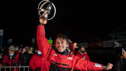 Yannick Bestaven, le skipper du bâteau Maître Coq IV, vainqueur de la 9ème édition du Vendée Globe 2020. (DAVID ADEMAS / OUEST-FRANCE / MAXPPP)