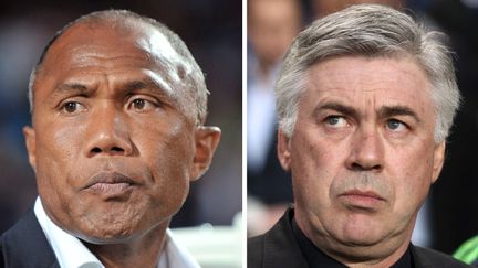 Les entra&icirc;neurs de football Antoine Kombouar&eacute; et Carlo Ancelotti en 2011. (ADRIAN DENNIS / AFP)