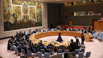 Les membres du Conseil de sécurité de l'ONU à New York (Etats-Unis), le 20 février 2024. (MICHAEL M. SANTIAGO / GETTY IMAGES NORTH AMERICA / AFP)