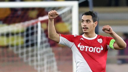 La joie de Wissam Ben Yedder, buteur contre Lyon le 4 février 2022, au stade Louis-II.&nbsp; (VALERY HACHE / AFP)