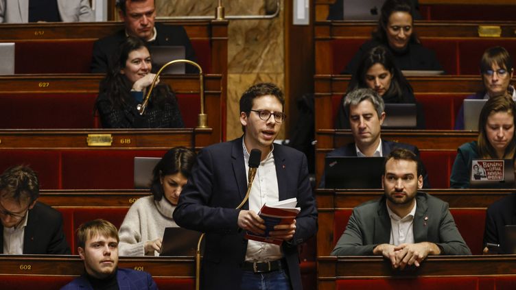 Hadrien Clouet, La France Insoumise deputy for Haute-Garonne in the National Assembly, surrounded by other elected officials from his party, February 17, 2023. (OLIVIER CORSAN / MAXPPP)