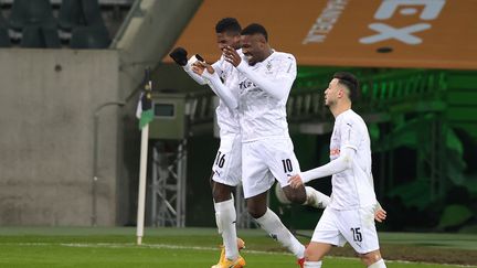 Marcus Thuram célèbre son but avec le Borussia Mönchengladbach pour son retour de suspension le 22 janvier 2021 (RALF IBING / AUGENKLICK/FIRO SPORTPHOTO)