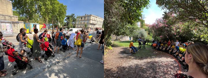 Le public du spectacle "Okami et les quatre saisons du cerisier" dans les rues d'Avignon pour la déambulation de poussettes autour du théâtre Le Totem, le 12 juillet 2023. (FRANCEINFO Yemcel Sadou)