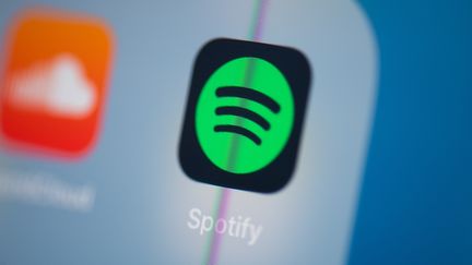 Le logo de l'application de streaming musical Spotify sur l'écran d'une tablette, à Paris le 24 juillet 2019 (photo d'illustration). (MARTIN BUREAU / AFP)