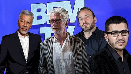 De gauche à droite : le journaliste Rachid M’Barki, le député Hubert Julien-Laferrière, Jean-Pierre Duthion et Nabil Ennasri. (CELLULE INVESTIGATION / RADIO FRANCE)