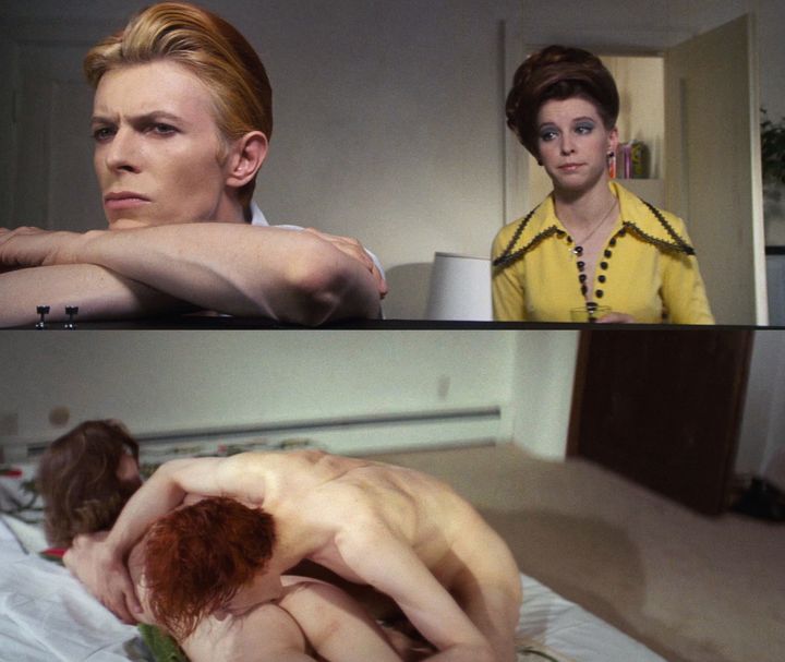 David Bowie et Candy Clark dans deux scènes de "L'Homme qui venait d'ailleurs" de Nicolas Roeg (1976). (BRITISH LION FILM / COLLECTION CHRISTOPHEL VIA AFP)