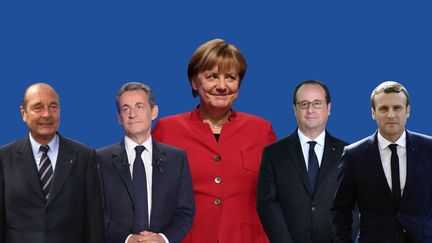 Jacques Chirac, Nicolas Sarkozy, Angela Merkel, François Hollande et Emmanuel Macron. (ANSELME CALABRESE / FRANCEINFO)