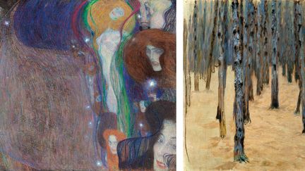 A gauche, Gustav Klimt, "Feu follet", 1903, collection privée européenne, Londres - A droite, Koloman Moser, "Forêt de pins en hiver", c 1907, Belvédère, Vienne
 (A gauche, Alfred Weidinger - A droite, Belvédère, Vienne)