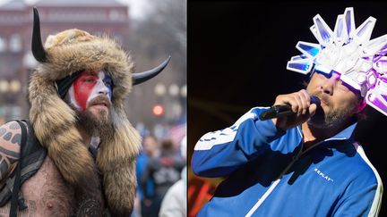 A gauche, Jake Angeli, activiste d'extrême-droite qui a pris part à l'assaut du Capitole le 6 janvier 2021, à droite,&nbsp;Jay Kay, chanteur du groupe Jamiroquai, le 18 juin 2018 sur la scèyne du Festival Jazz à Juan (JARRAD HENDERSON-USA TODAY/SIPA  / SIPA USA / ERIC DERVAUX / HANS LUCAS / HANS LUCAS VIA AFP)