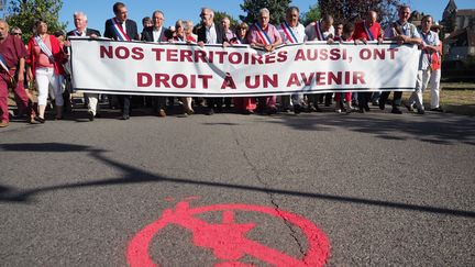 Des élus et des manifestants marchent pour réclamer la réouverture de la maternité du Blanc&nbsp;(Indre), le 15 septembre 2018, dans la ville du Blanc. (GUILLAUME SOUVANT / AFP)