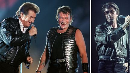 Eddy Mitchell et Johnny Hallyday le 18 juin 1993 au Parc des Princes, pour le 50e anniversaire de "l'idole des jeunes" - Jacques Dutronc le 3 novembre 1992 au Casino de Paris, pour son grand retour à la scène après des années d'absence
 (Eric Feferberg / Patrick Kovarik / AFP)