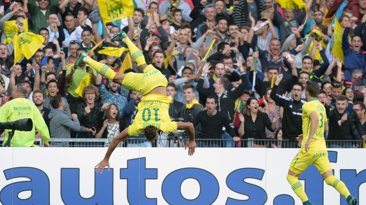 L'attaquant du FC Nantes Yassine Bammou f&ecirc;te son but contre le PSG, le samedi 26 septembre 2015 &agrave; Nantes.&nbsp; (JEAN-SEBASTIEN EVRARD / AFP)