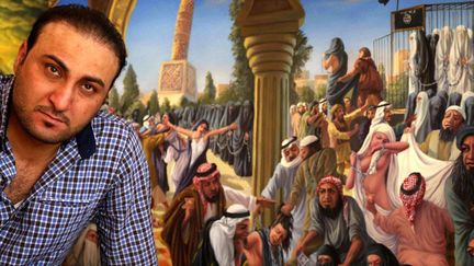 Le peintre irakien Ammar Salim devant l'une de ses toiles sur le massacre des Yazidis
 (AFP)