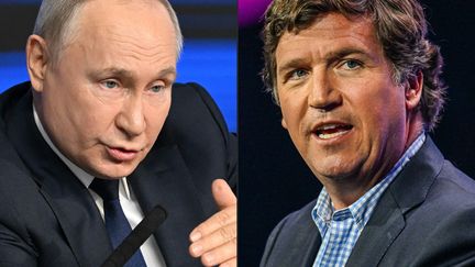 On the left, Russian President Vladimir Putin, on the right, journalist Tucker Carlson.  (NATALIA KOLESNIKOVA, GIORGIO VIERA / AFP)