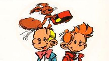 Spirou et Fantasio avec l'écureuil apprivoisé Spip.
 (Editions Dupuis)