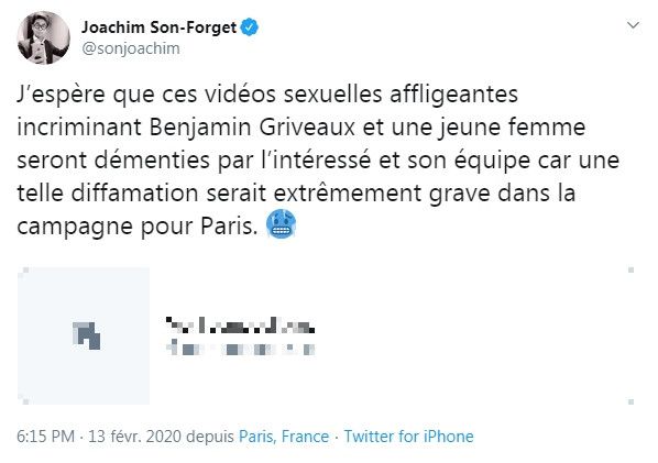 Capture d'écran du tweet du député Joachim Son-Forget relayant le site où ont été publiées des vidéos intimes attribuées à Benjamin Griveaux. (TWITTER)