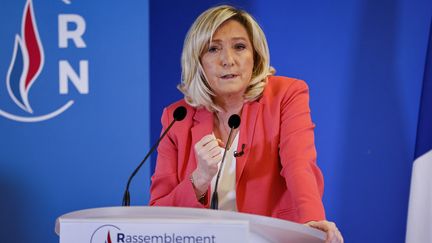 Marine Le Pen lors d'une conférence de presse au siège du Rassemblement national à Nanterre (Hauts-de-Seine) le 29 janvier 2021 (THOMAS SAMSON / AFP)