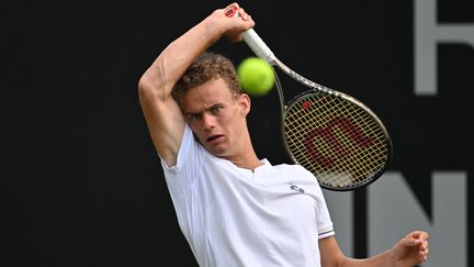 Luca Van Assche sur le gazon anglais, à Eastbourne, le 26 juin 2023. (GLYN KIRK / AFP)