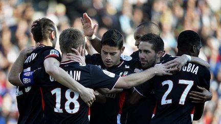 La joie des Monégasques après le premier but contre Lyon inscrit par Germain (JEFF PACHOUD / AFP)